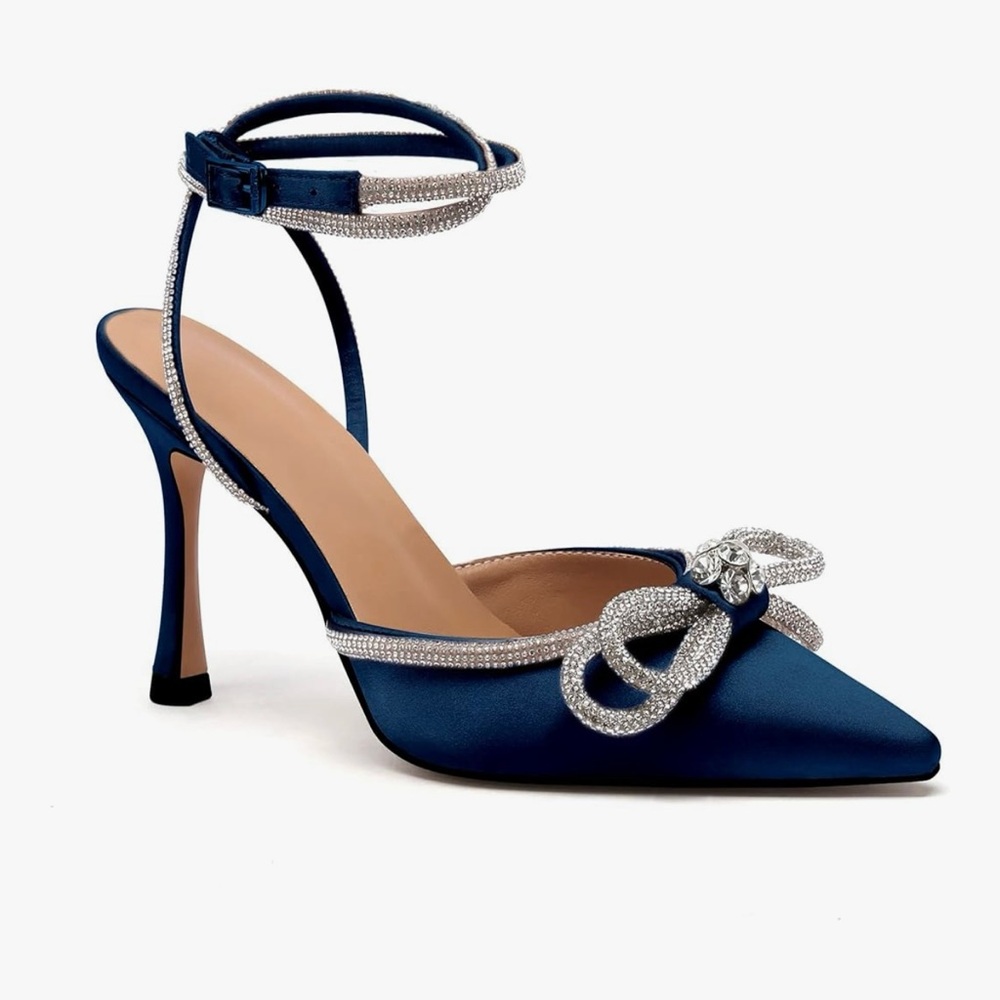 Navy Blue Satin Heels with Rhinestone Bow